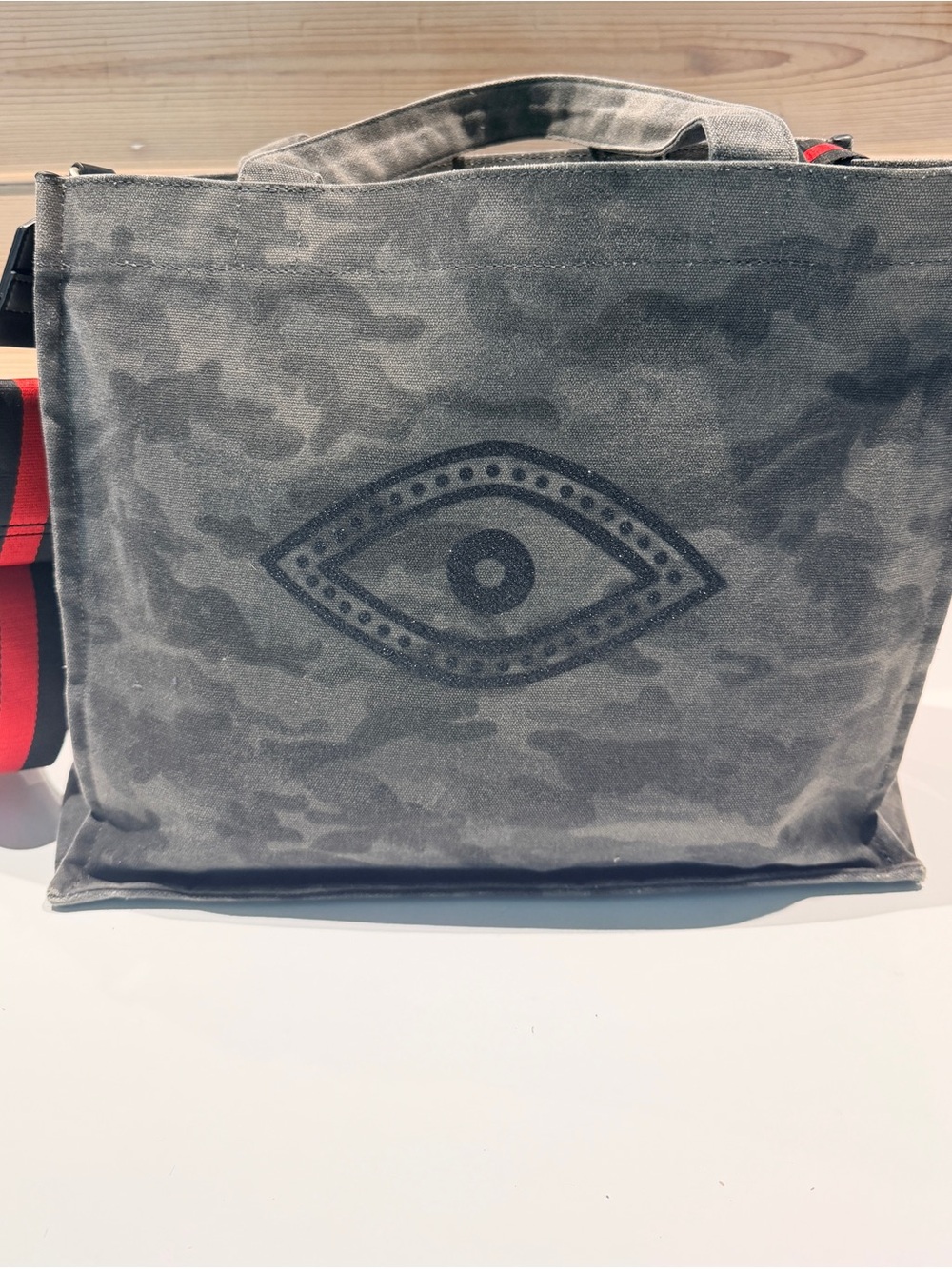 Gray Camo Canvas Tote Bag with Eye Motif - Removable Strap